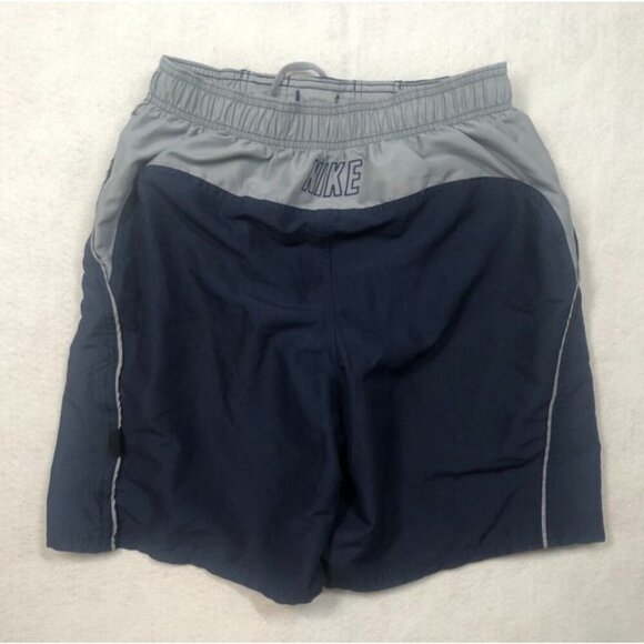 Nike Swim Trunks Navy Blue Gray Shorts Lined Elastic Waist Drawstring Mens Small - Picture 2 of 7